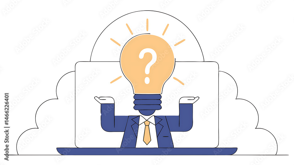 Poster businessman hold glowing light bulb with questions mark symbol for creative thinking idea and proble