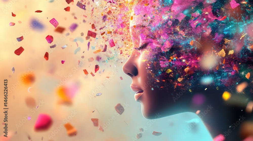 Poster conceptual fusion of human mind and ai technology surrounded by floating data and cosmic brilliance