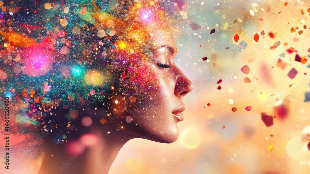 Poster conceptual fusion of human mind and ai technology surrounded by floating data and cosmic brilliance