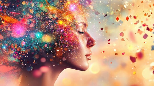 Conceptual fusion of human mind and AI technology surrounded by floating data and cosmic brilliance