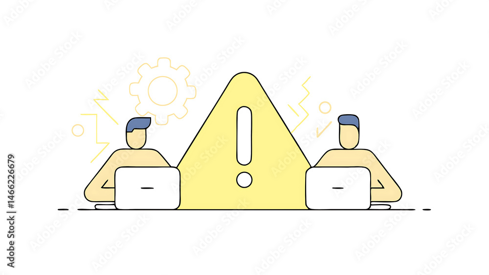Aufkleber businessman or it staff programmer developer using computer laptop with triangle caution warning sig