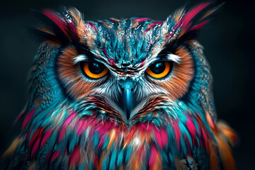 An owl with vibrant, multicolored feathers and piercing eyes. The background is dark to highlight the colors of its plumage