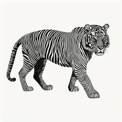 Black and white vector graphic of a full-body tiger on a solid white background, with thick lines