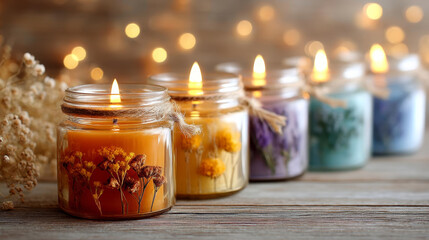 Aromatic candles in glass jars with dried flowers, glowing softly in cozy setting