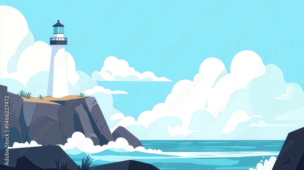 Poster pixelated seascape with lighthouse on rocky cliff waves crashing in a nostalgic 8-bit style evoking 