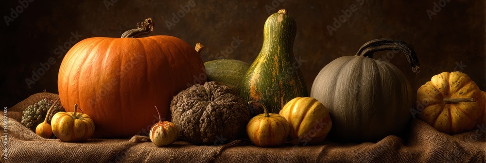 Aufkleber Harvest Still Life of Pumpkins and Squash Illuminated by Warm, Soft Lighting Creating a Rustic Autumn Ambiance Generative AI