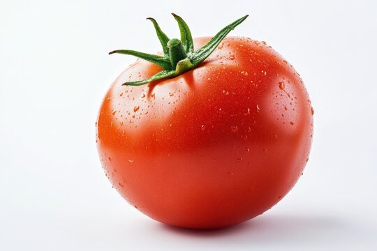 Close up of a single ripe tomato with green stem and water droplets