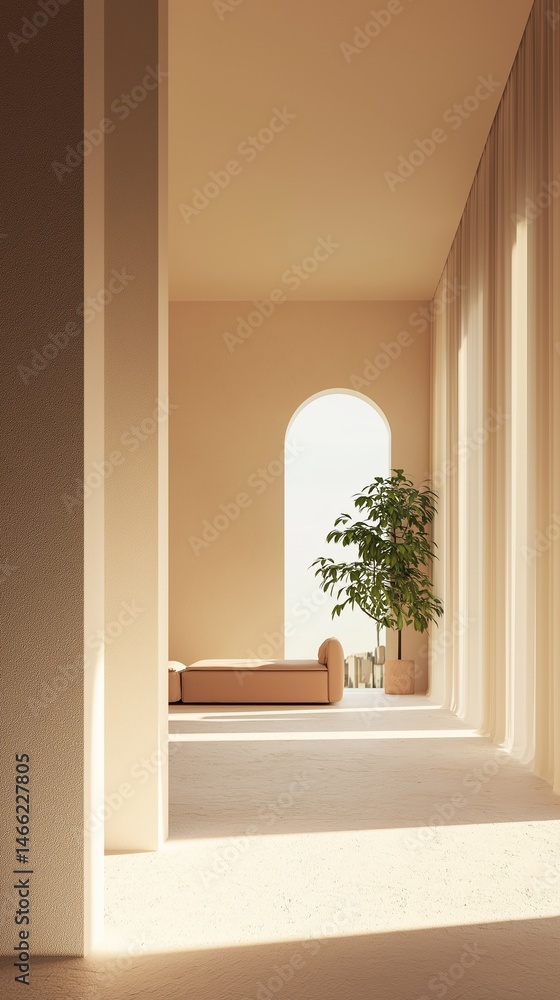 Poster an interior image with a beige archway and a look into another area of the space.