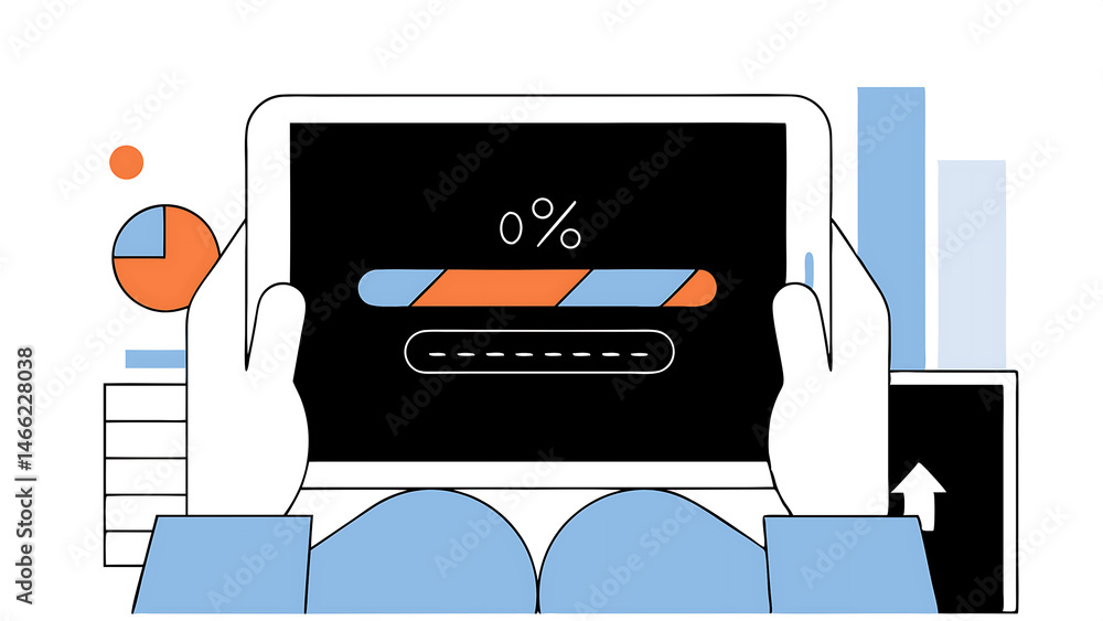 Poster businessman using tablet and waiting with digital loading bar progress for download data information
