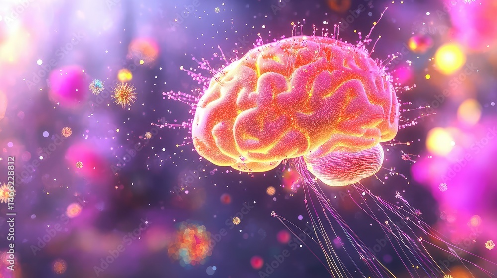 Poster glowing brain connected to data lines and colorful starfields, blending science and imagination in a