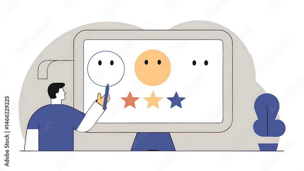 Poster customer review satisfaction feedback survey concept man using a pen to draw happy smiling face on a