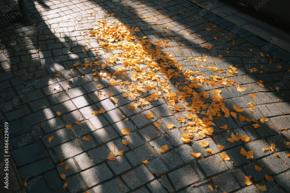 Aufkleber Golden Leaves Scattered on a Tiled Street Creating a Beautiful Autumn Scene Under Soft Shadows Generative AI