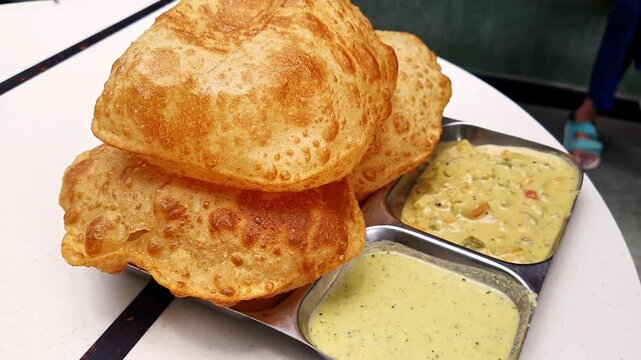 A video of Indian breakfast poori with curry and chutney served on a plate on the table