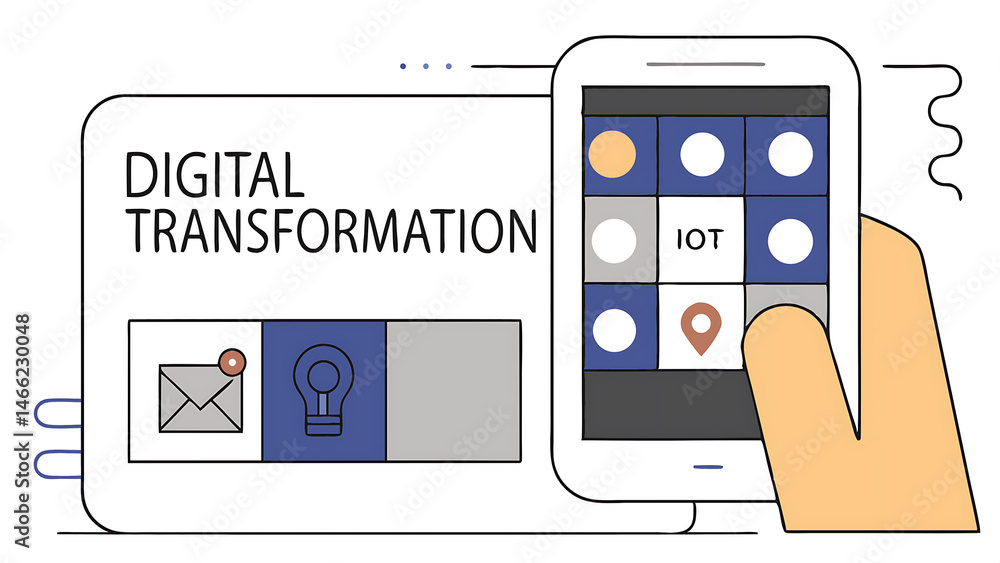 Poster digital transformation and digitalization technology businessman use smartphone with virtual digital