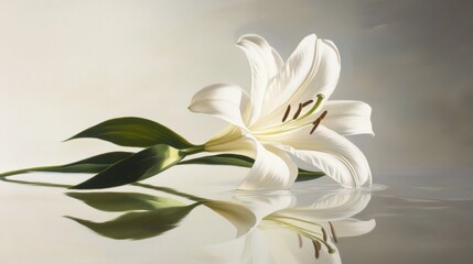 Fototapeta premium Elegant white lily, studio shot, reflection, soft light