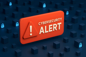 Cybersecurity alert warning sign in digital space.