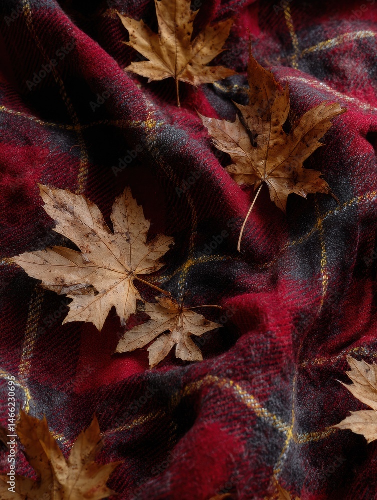 Poster Dried Maple Leaves Resting on a Tartan Pattern Fabric During Autumn Generative AI