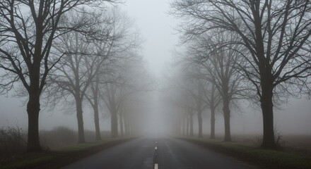 AI image depicts a desolate, tree-lined asphalt road vanishing into a dense, moody fog, creating an atmospheric, mysterious scene.