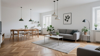 Scandinavian Style Living Room and Dining Area with Wooden Floor, Grey Sofa, and Indoor Plants