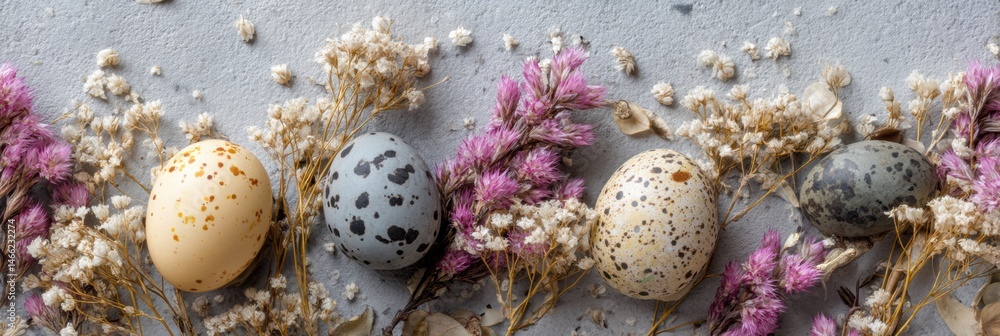 Fototapete nature-inspired design with speckled eggs and dried flowers arranged in a harmonious layout for a se