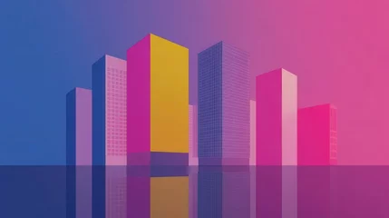 Wandcirkels Roze Abstract city skyline at sunset modern architecture urban landscape with building reflections and vibrant color gradients design  © Artajar