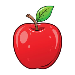 Cartoon red apple with stem and green leaf is presented against white backdrop