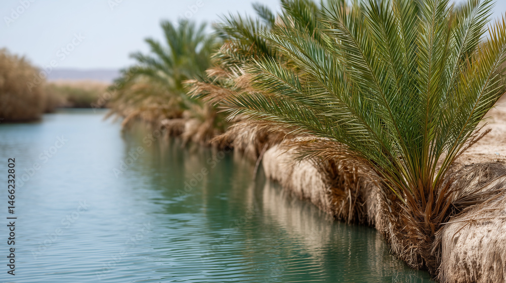 Aufkleber oasis of serenity: a captivating view of a serene oasis with lush palm trees bordering a tranquil ca