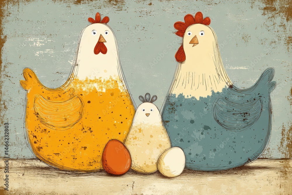 Aufkleber Whimsical Cartoon Hens With Colorful Eggs in Rustic Setting on a Sunny Day Generative AI