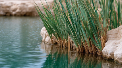 Oasis Tranquility: Capturing a serene moment, vibrant green reeds stand elegantly at the water's edge of a tranquil oasis.