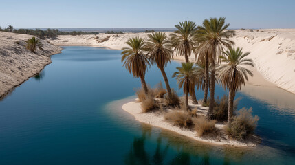  Oasis Serenity: Palm trees rise gracefully from an island sanctuary amidst a tranquil blue lagoon, creating a serene oasis in the heart of the desert landscape.