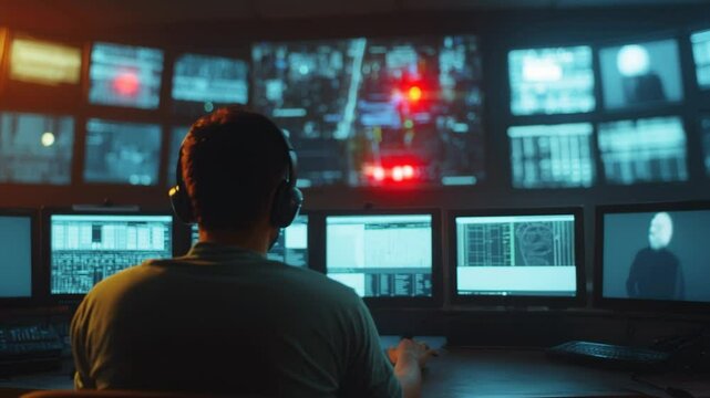 A man is sitting in front of a computer monitor with a headset on. He is looking at the screen with a serious expression. The room is filled with multiple computer monitors