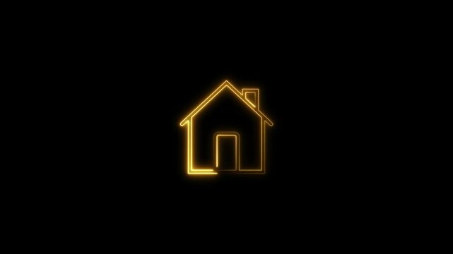 glowing neon home icon animation black background. 4K Video motion graphic animation.