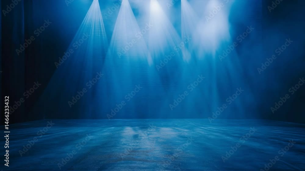 Poster mysterious blue lighting illuminates an empty stage, creating a dramatic and atmospheric effect.