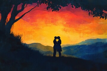 Fototapeta premium Intimate sunset scene with silhouettes of two people embracing