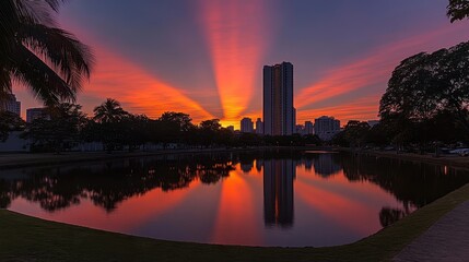 Fototapeta premium Tranquil cityscape reflected on the water surface at sunset highlighting dramatic sky in a serene outdoor setting near horizon glow