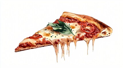 Artistic watercolor of a pizza slice with basil, tomato, and mozzarella, bright Mediterranean tones, textured crust and open side margin