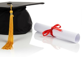 Mortarboard with tassel and diploma tied with red ribbon isolated on white background