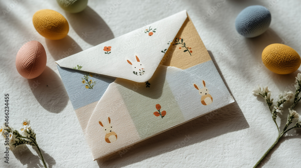 Poster easter envelope and eggs: a delightful composition features a decorated envelope and colorful eggs, 