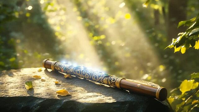 A long, thin object with gold engravings sits on a rock. The object appears to be a musical instrument, possibly a flute or a similar instrument. The scene is set in a lush, green forest