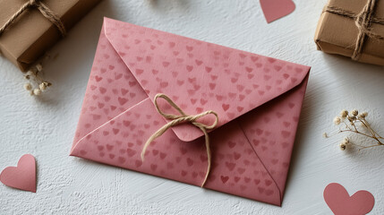 Love Letter of Affection: A tender letter, adorned with hearts and tied with a delicate string, lies surrounded by gifts, conveying a sense of warmth and fondness in a heartfelt scene.