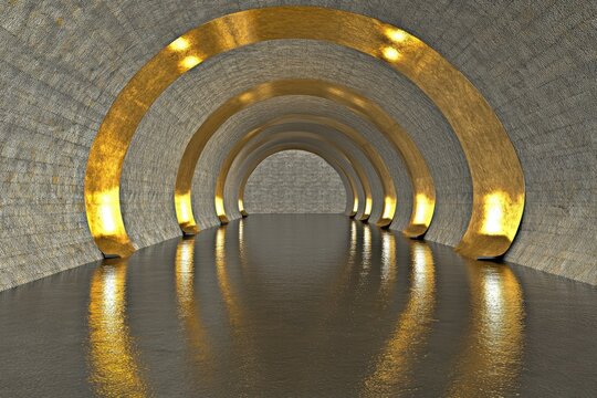 A grand, arched tunnel of gray stone, highlighted by concentric gold rings and ambient lighting, reflecting on a polished floor