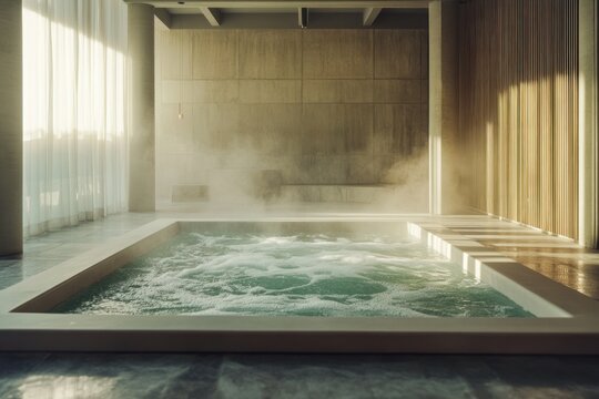 Wide shot of empty bubbling jacuzzi in upscale wellness center