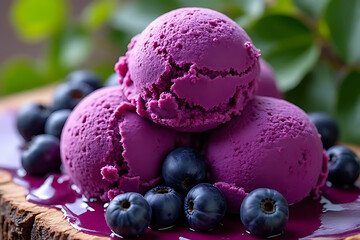 Delicious purple ice cream treats with fresh blueberries summer picnic food photography outdoor
