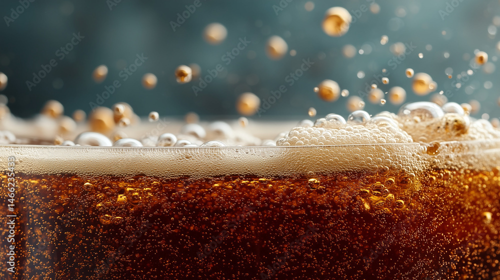 Poster bubbles in glass: a close-up view of a refreshing drink in a clear glass, effervescent bubbles risin
