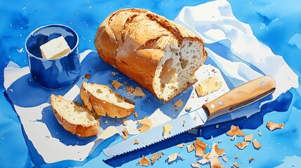 Watercolor composition of a rustic bread loaf with crumbs and butter knife, artistic brushwork and clean background margins for layout flexibility
