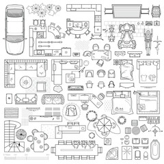 Home furniture in top view for apartments and houses plan. Indoor layouts and apartment design, technical drawing. Interior icon for bathrooms, living room, kitchen, bedroom. Vector floor plan set