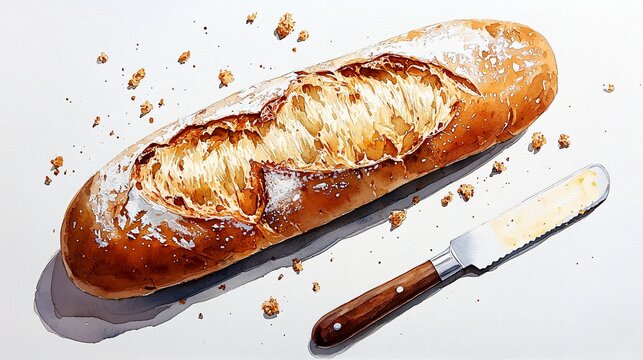 Watercolor composition of a rustic bread loaf with crumbs and butter knife, artistic brushwork and clean background margins for layout flexibility