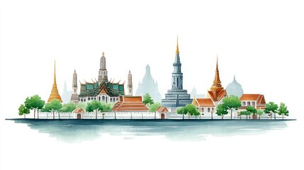 Fototapeta premium Bangkok Skyline Watercolor Painting - Vibrant watercolor painting of Bangkok's iconic skyline, featuring temples, palaces, and the Chao Phraya River. Symbolizing culture, history, tourism, serenity