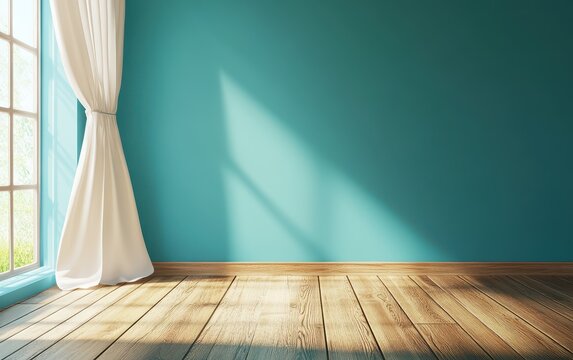Empty teal room with sunlight streaming through a window  White curtains frame the window, casting shadows on the teal wall  Light wooden floor