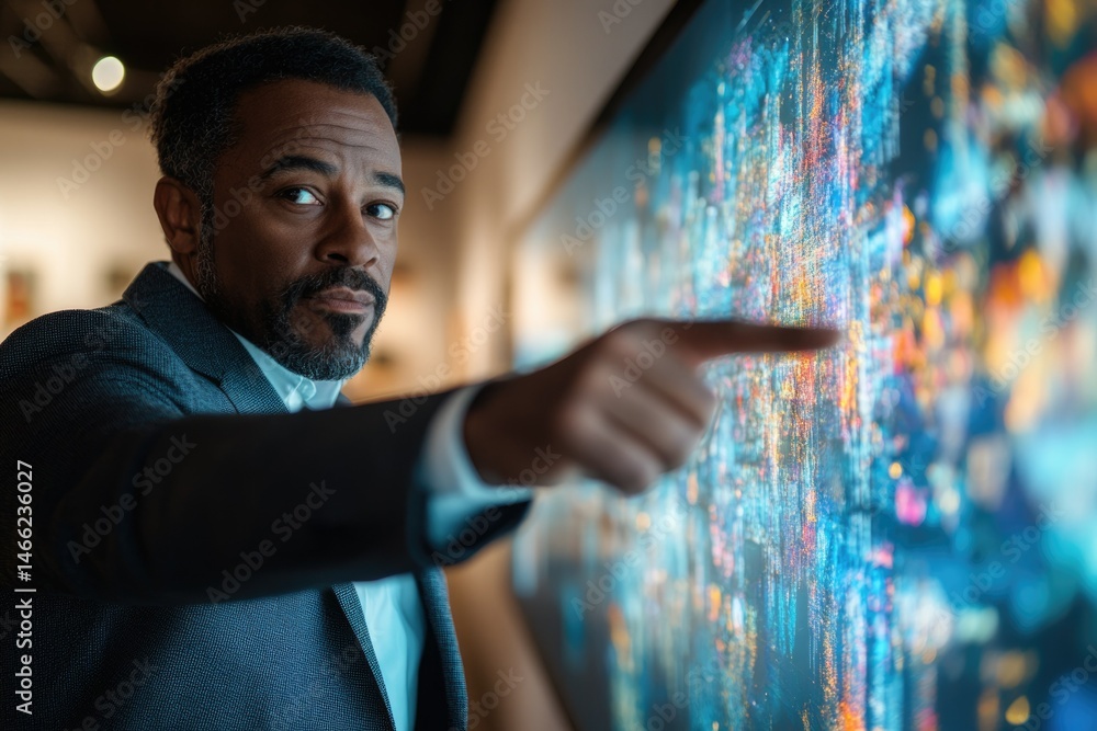 Poster A businessman interacts with a large interactive display showcasing complex data visualizations.